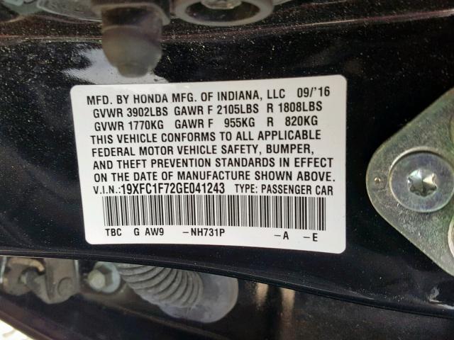 19XFC1F72GE041243 - 2016 HONDA CIVIC EXL BLACK photo 10