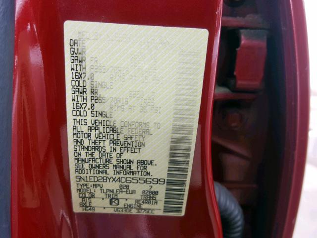 5N1ED28YX4C655699 - 2004 NISSAN XTERRA XE RED photo 10