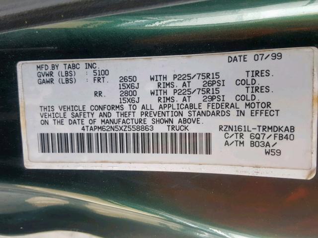 4TAPM62N5XZ558863 - 1999 TOYOTA TACOMA GREEN photo 10