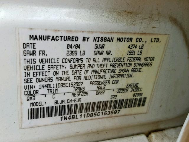 1N4BL11D85C153597 - 2005 NISSAN ALTIMA SE WHITE photo 10