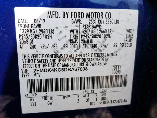 2FMDK4KC5DBA67008 - 2013 FORD EDGE LIMIT BLUE photo 10