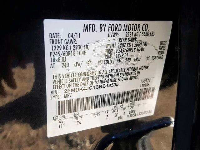 2FMDK4JC3BBB18505 - 2011 FORD EDGE SEL BLACK photo 10