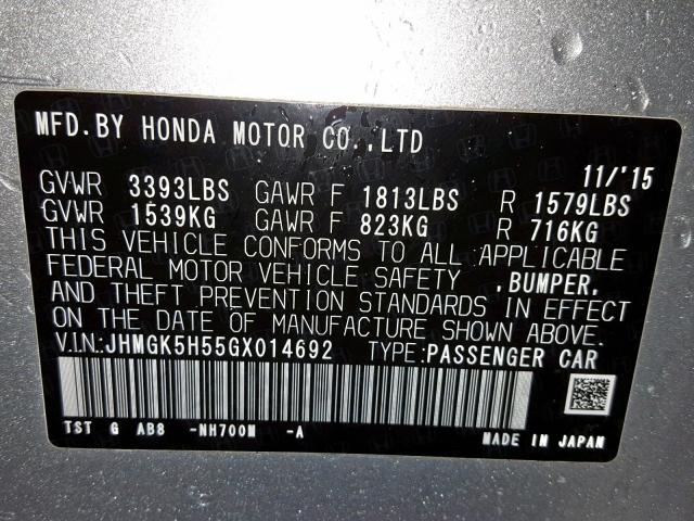 JHMGK5H55GX014692 - 2016 HONDA FIT LX SILVER photo 10