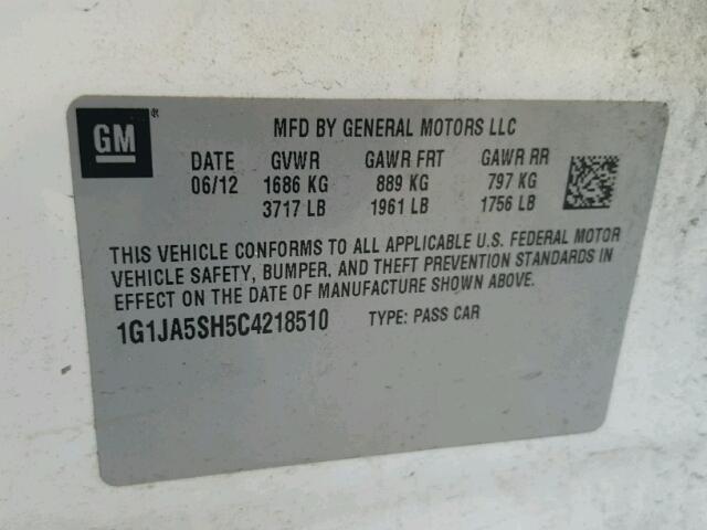 1G1JA5SH5C4218510 - 2012 CHEVROLET SONIC LS 白色 照片 10