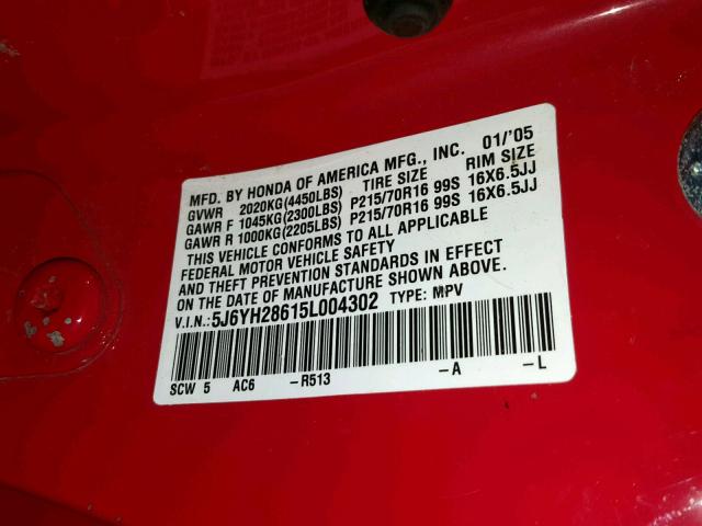 5J6YH28615L004302 - 2005 HONDA ELEMENT EX RED photo 10