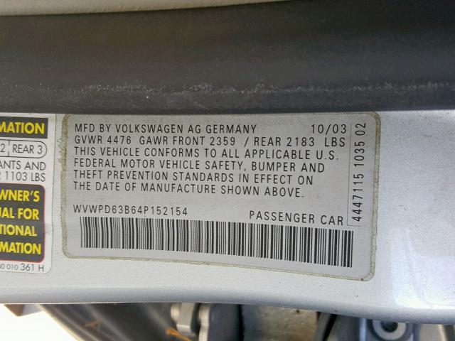 WVWPD63B64P152154 - 2004 VOLKSWAGEN PASSAT GLS SILVER photo 10