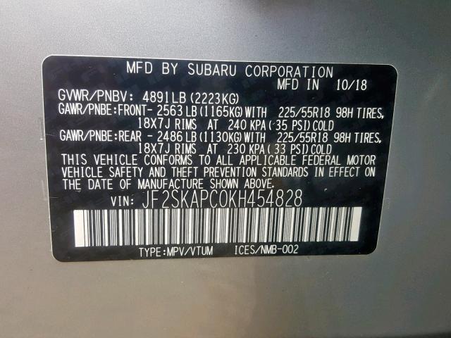 JF2SKAPC0KH454828 - 2019 SUBARU FORESTER S Gümüş foto 10