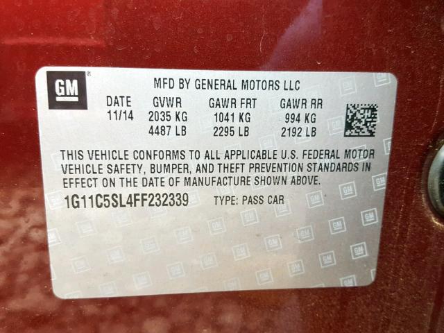 1G11C5SL4FF232339 - 2015 CHEVROLET MALIBU 1LT 勃艮第红 照片 10