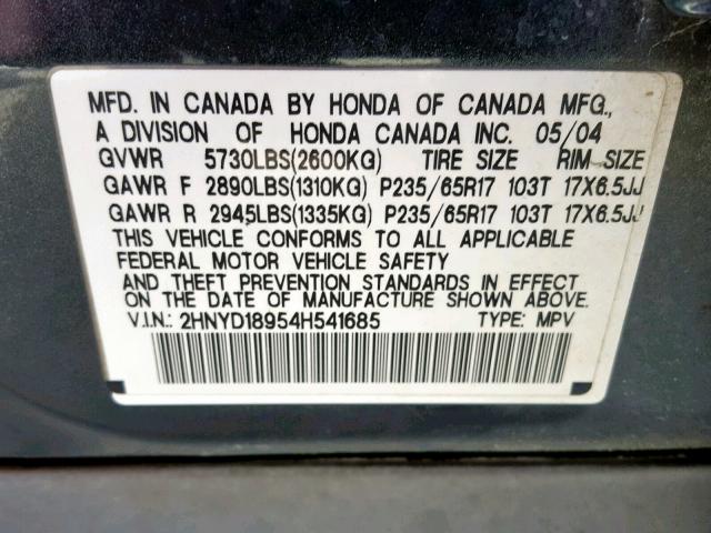 2HNYD18954H541685 - 2004 ACURA MDX TOURIN GRAY photo 10