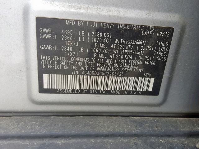 4S4BRDJC5C2265435 - 2012 SUBARU OUTBACK 3. SILVER photo 10