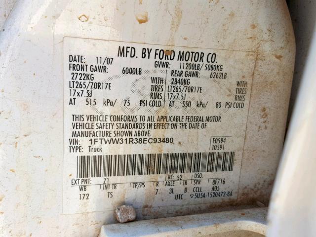 1FTWW31R38EC93480 - 2008 FORD F350 SRW S WHITE photo 10