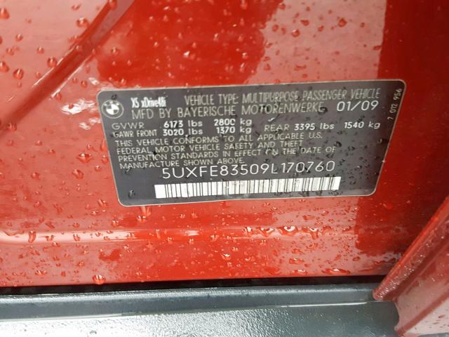 5UXFE83509L170760 - 2009 BMW X5 XDRIVE4 Rot Foto 10
