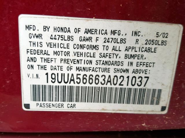 19UUA56663A021037 - 2003 ACURA 3.2TL MAROON photo 10