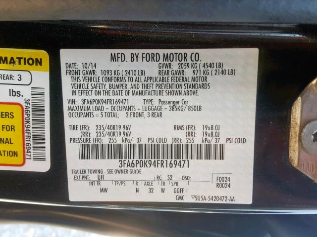 3FA6P0K94FR169471 - 2015 FORD FUSION TIT BLACK photo 10