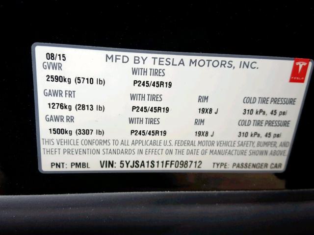 5YJSA1S11FF098712 - 2015 TESLA MODEL S 70 BLACK photo 10