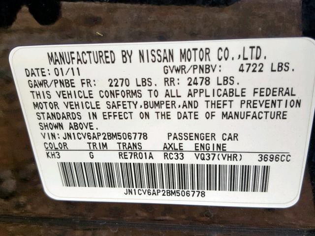 JN1CV6AP2BM506778 - 2011 INFINITI G37 BASE BLACK photo 10