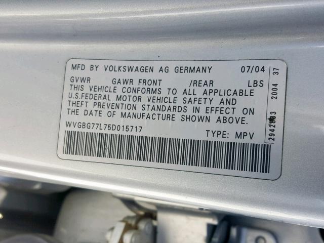 WVGBG77L75D015717 - 2005 VOLKSWAGEN TOUAREG 3. SILVER photo 10