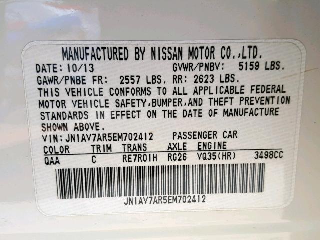 JN1AV7AR5EM702412 - 2014 INFINITI Q50 HYBRID WHITE photo 10