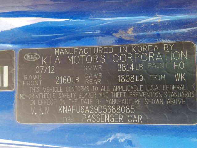 KNAFU6A29D5688085 - 2013 KIA FORTE EX BLUE photo 10