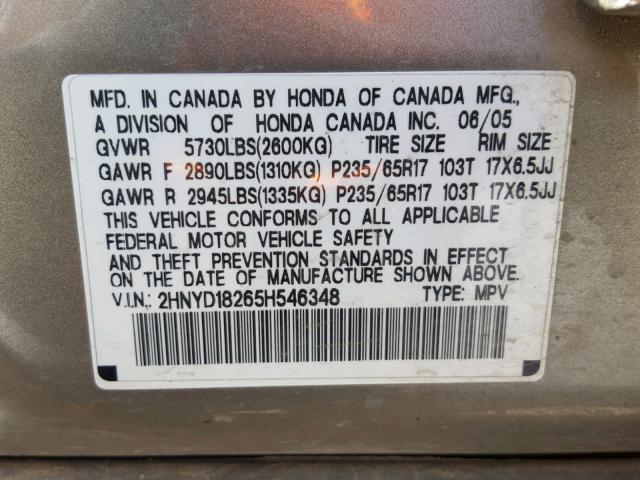 2HNYD18265H546348 - 2005 ACURA MDX TAN photo 10