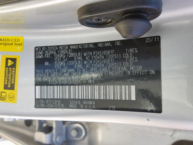 5TDZK3EH9BS045021 - 2011 TOYOTA HIGHLANDER SILVER photo 10