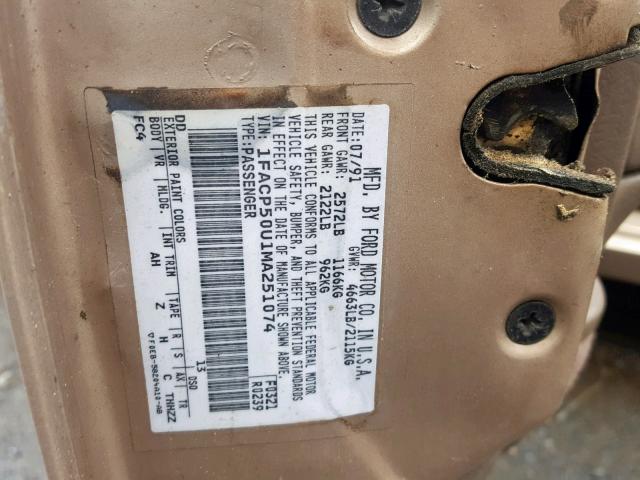 1FACP50U1MA251074 - 1991 FORD TAURUS L BROWN photo 10