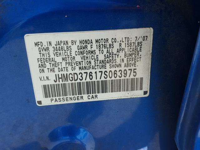 JHMGD37617S063975 - 2007 HONDA FIT S 蓝色 照片 10