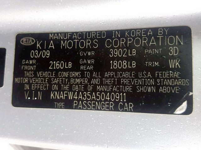 KNAFW4A35A5040911 - 2010 KIA FORTE SX SILVER photo 10