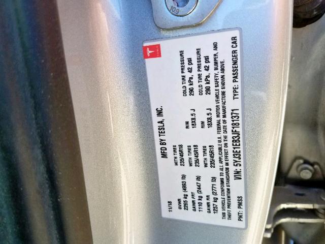 5YJ3E1EB3JF181371 - 2018 TESLA MODEL 3 SILVER photo 10