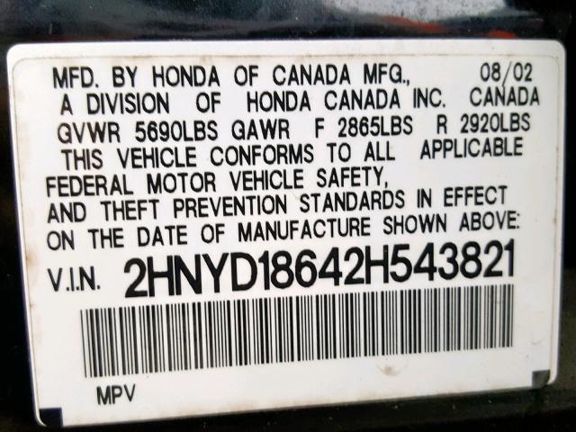 2HNYD18642H543821 - 2002 ACURA MDX TOURIN BLACK photo 10