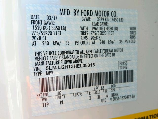 5LMJJ2HT3HEL08315 - 2017 LINCOLN NAVIGATOR 白色 照片 10