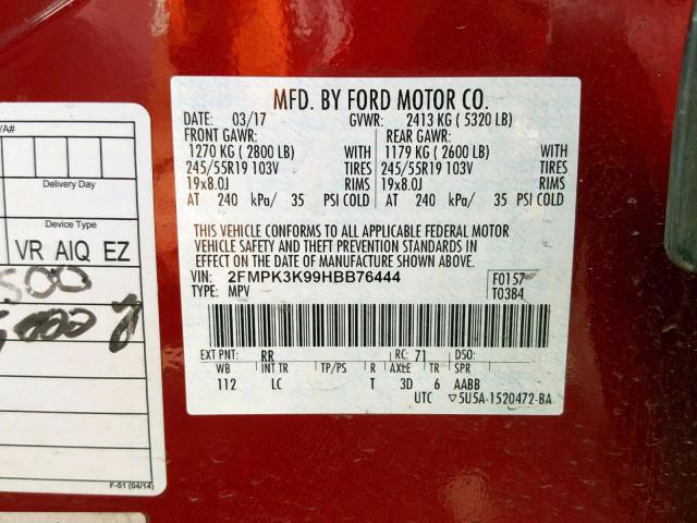 2FMPK3K99HBB76444 - 2017 FORD EDGE TITAN RED photo 10