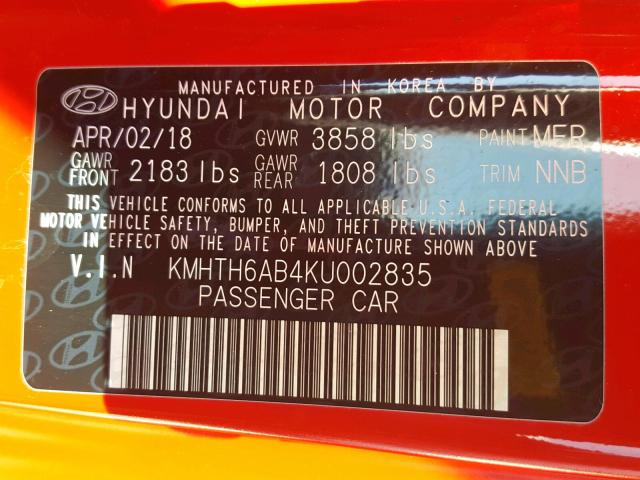 KMHTH6AB4KU002835 - 2019 HYUNDAI VELOSTER T RED photo 10