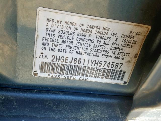 2HGEJ6611YH574587 - 2000 HONDA CIVIC BASE Mavi foto 10