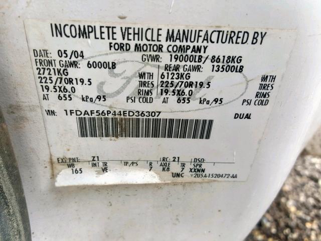 1FDAF56P44ED36307 - 2004 FORD F550 SUPER WHITE photo 10