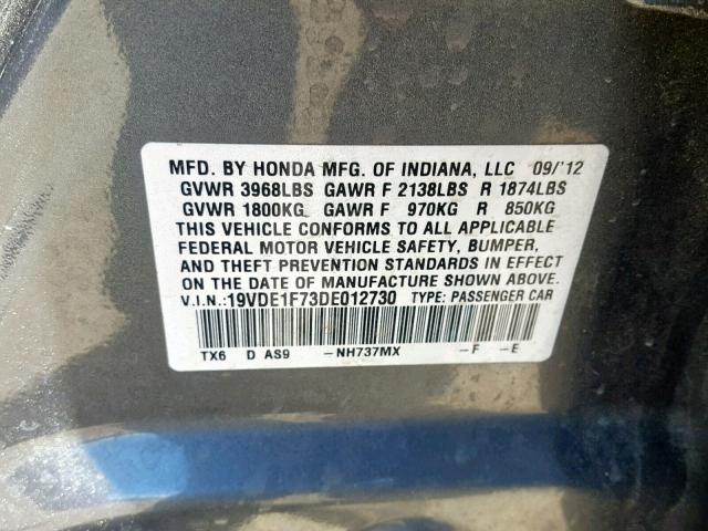 19VDE1F73DE012730 - 2013 ACURA ILX 20 TEC GRAY photo 10