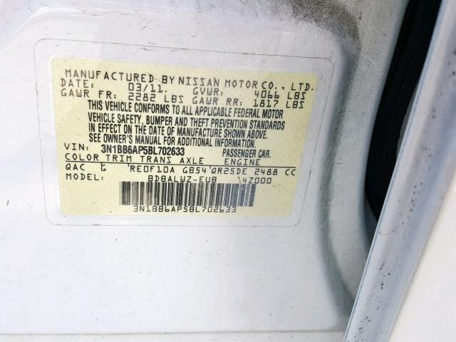 3N1BB6AP5BL702633 - 2011 NISSAN SENTRA SE- WHITE photo 10