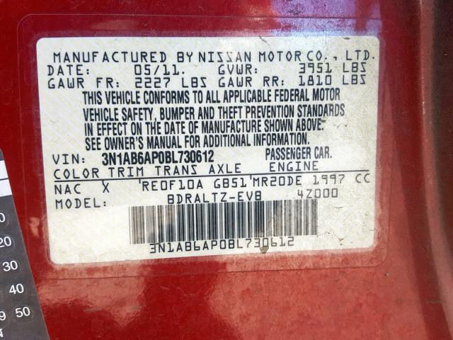 3N1AB6AP0BL730612 - 2011 NISSAN SENTRA 2.0 RED photo 10