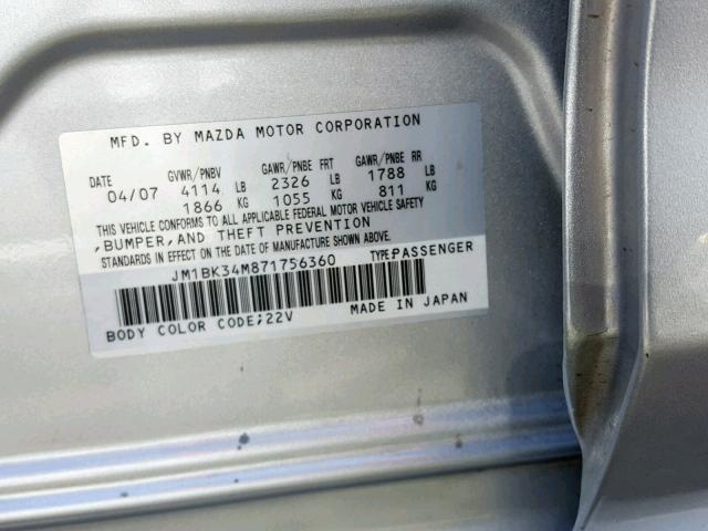 JM1BK34M871756360 - 2007 MAZDA SPEED 3 GRAY photo 10