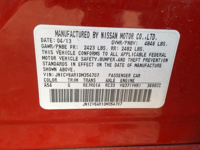 JN1CV6AR1DM354707 - 2013 INFINITI G37 RED photo 10