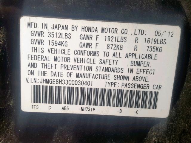 JHMGE8H33CC030401 - 2012 HONDA FIT BLACK photo 10