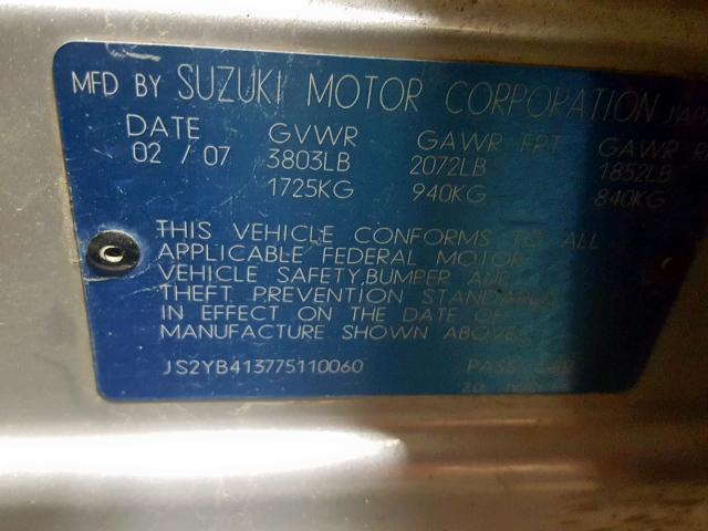 JS2YB413775110060 - 2007 SUZUKI SX4 SILVER photo 10