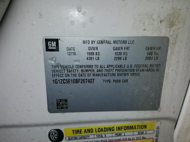 1G1ZC5E16BF267407 - 2011 CHEVROLET MALIBU 1LT WHITE photo 10