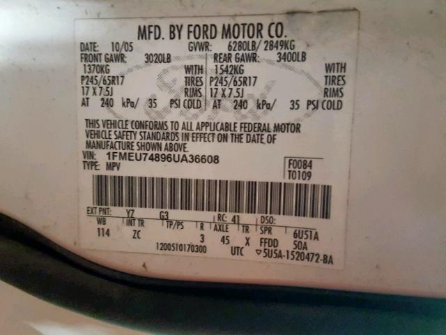 1FMEU74896UA36608 - 2006 FORD EXPLORER E WHITE photo 10