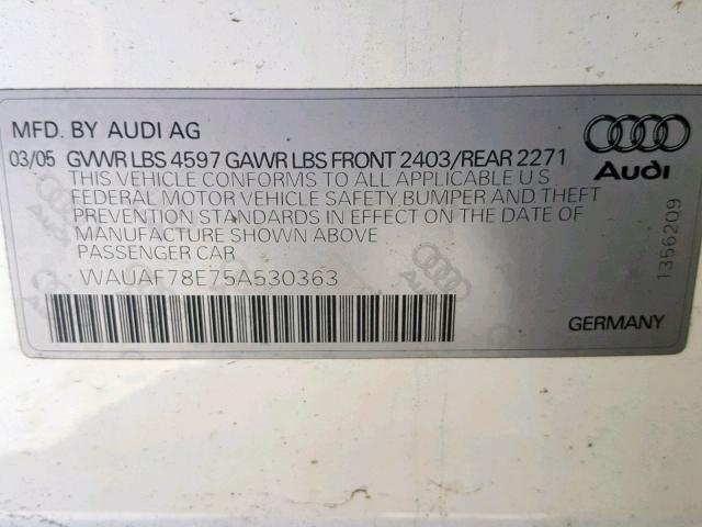 WAUAF78E75A530363 - 2005 AUDI A4 2.0T WHITE photo 10