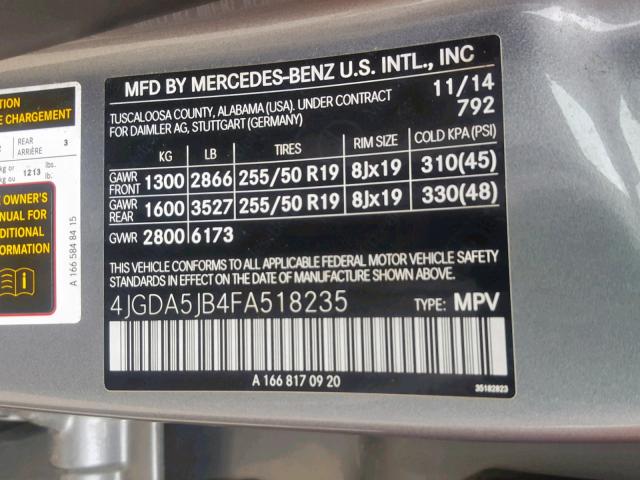 4JGDA5JB4FA518235 - 2015 MERCEDES-BENZ ML 350 SILVER photo 10