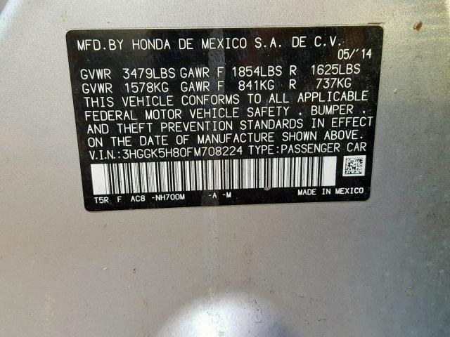 3HGGK5H80FM708224 - 2015 HONDA FIT EX SILVER photo 10