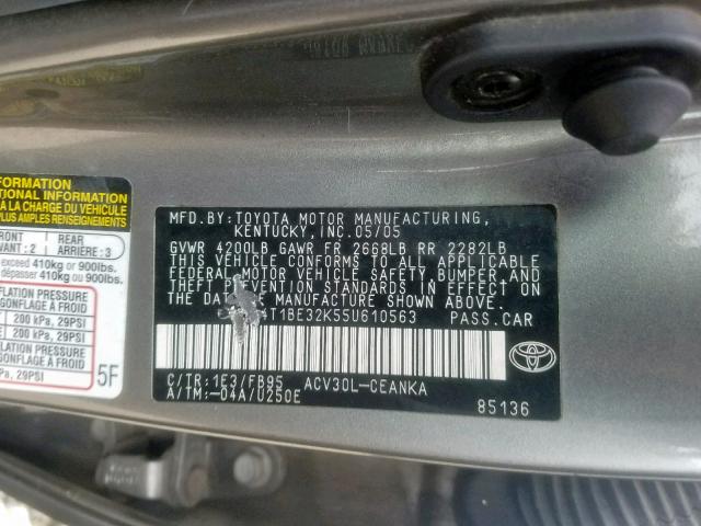 4T1BE32K55U610563 - 2005 TOYOTA CAMRY LE GRAY photo 10