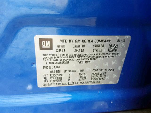 KL4CJASB5JB663515 - 2018 BUICK ENCORE PRE BLUE photo 10