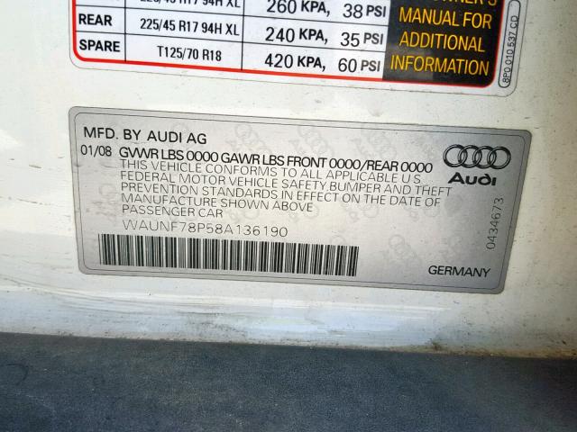 WAUNF78P58A136190 - 2008 AUDI A3 2.0 PRE WHITE photo 10